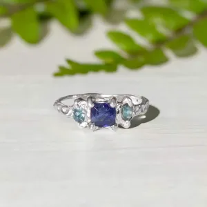 Blue Sapphire and Tourmaline engagement ring in Solid Sterling Silver