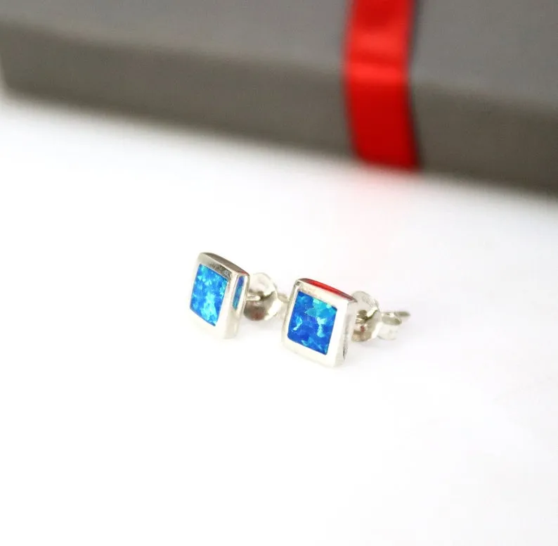 Blue Stud Earrings with Opal