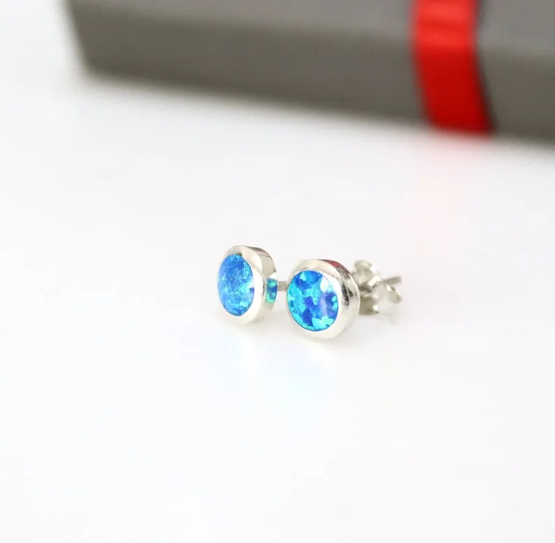 Blue Stud Earrings with Opal