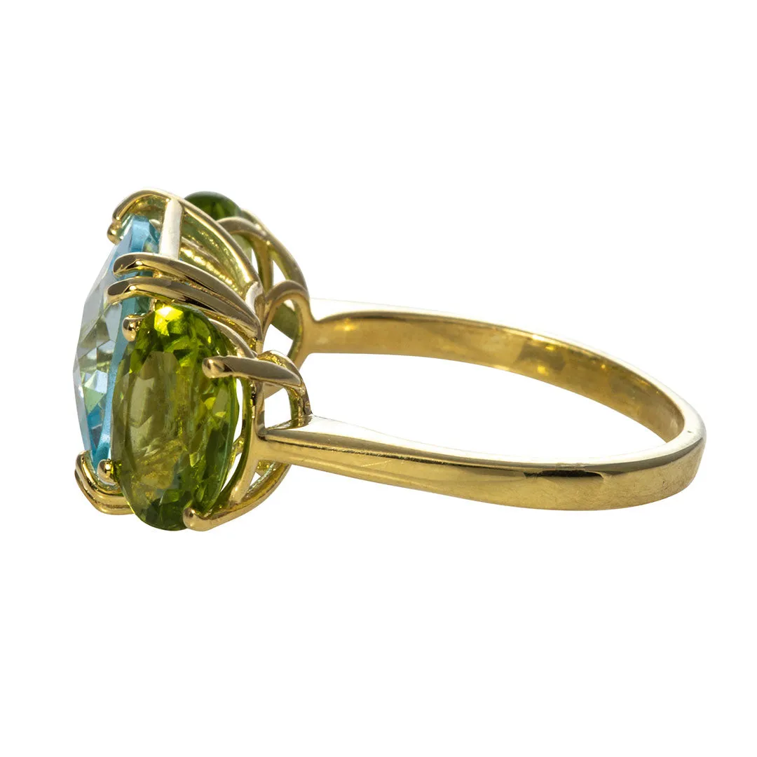 Blue Topaz & Peridot 3 Stone 14K Yellow Gold Ring