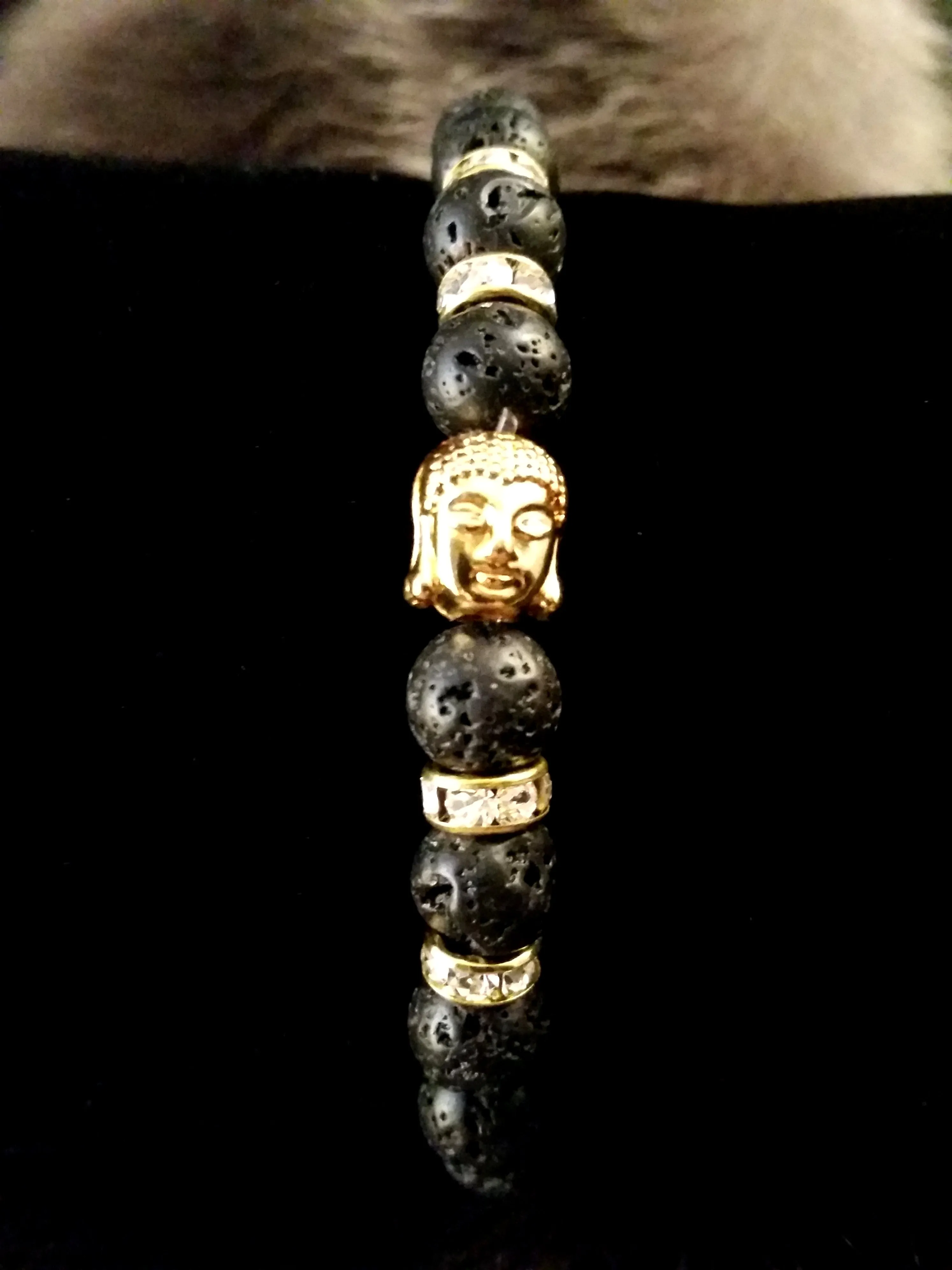 Bracelet Buddha Black Lava Stone Gold Swarovski Crystal