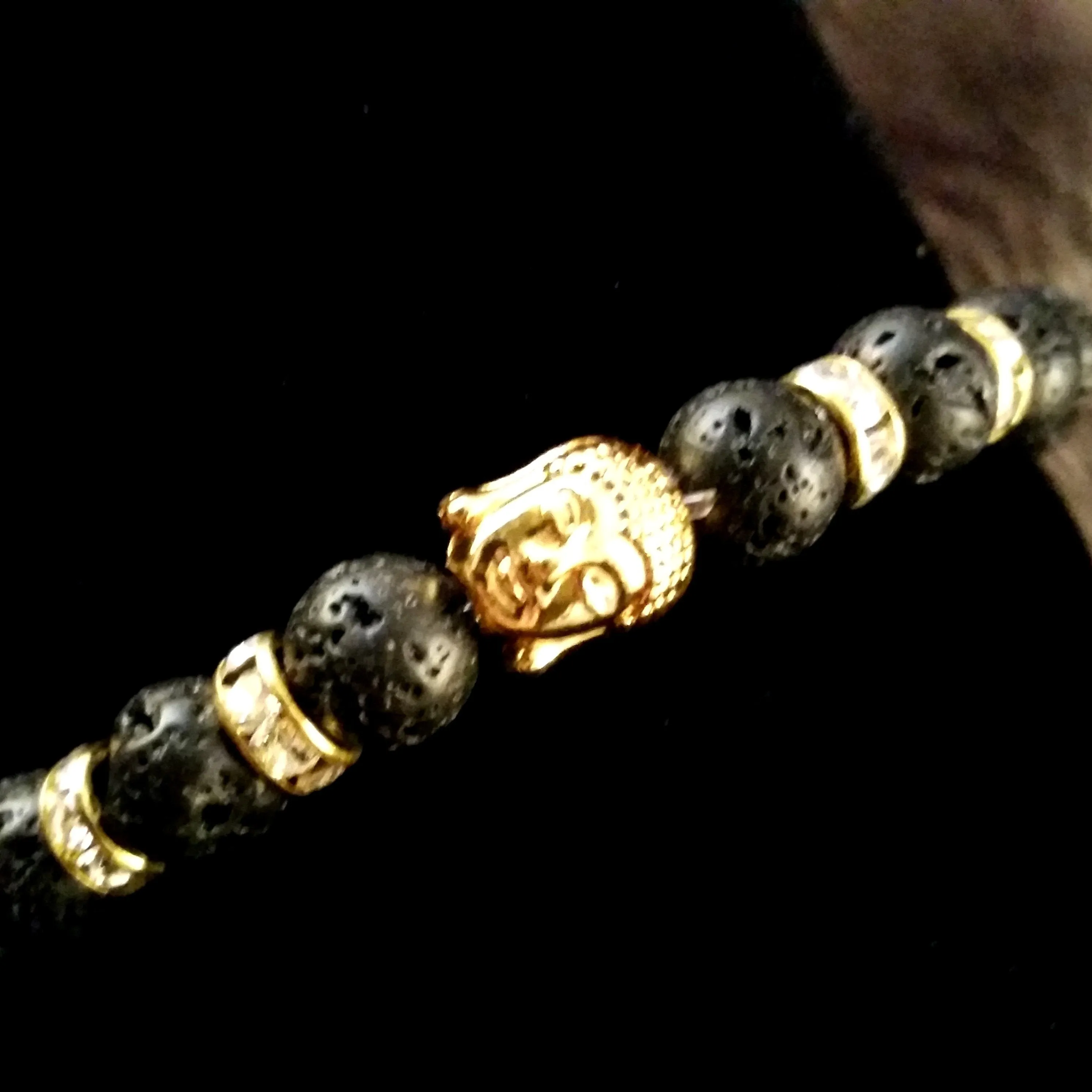 Bracelet Buddha Black Lava Stone Gold Swarovski Crystal