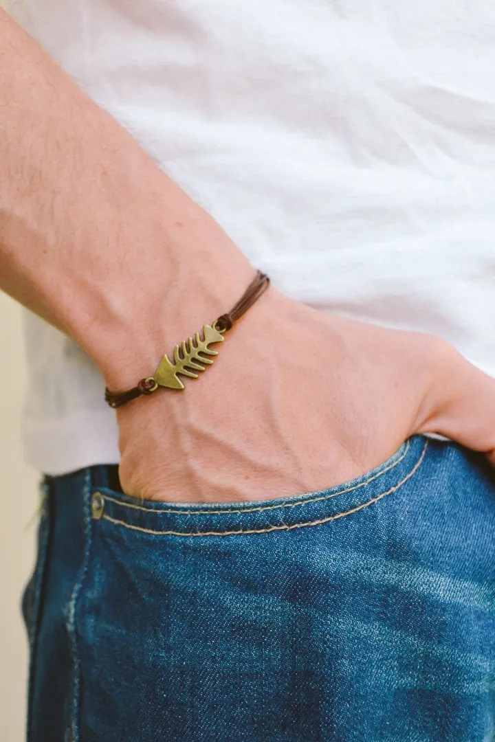 Bronze fish bones charm bracelet for men, brown cord, Christmas gift for him