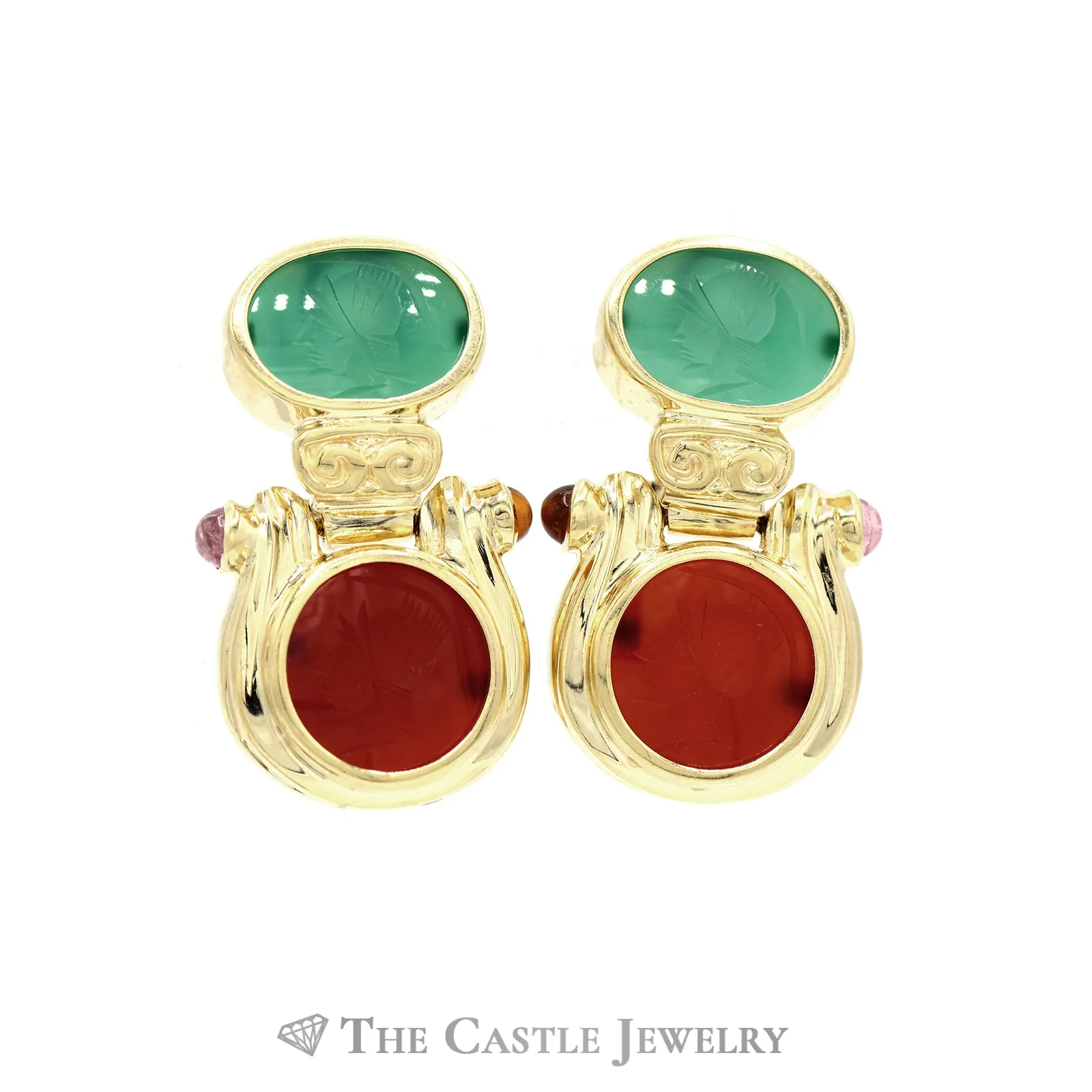 Cameo Emerald and Coral Earrings with Cabochon Citrine and Amethyst Accents in 10KT Yellow Gold