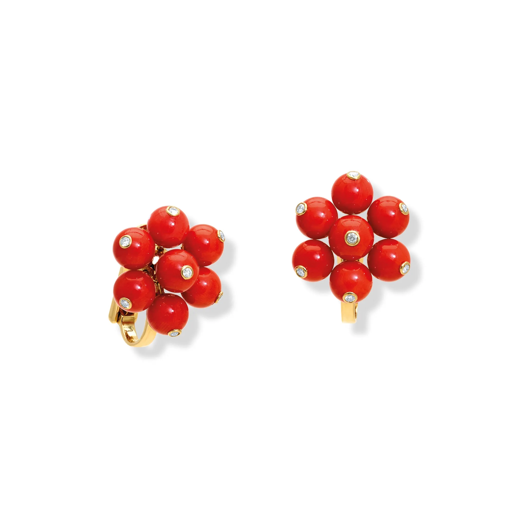 Cavolfiore Earrings 18ct Yellow Gold - Red Coral & Diamond