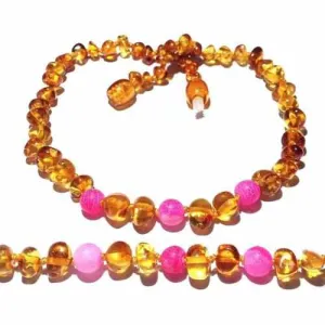 Child Honeysuckle Polished Honey Baltic Amber Pink Agate Gemstone Necklace