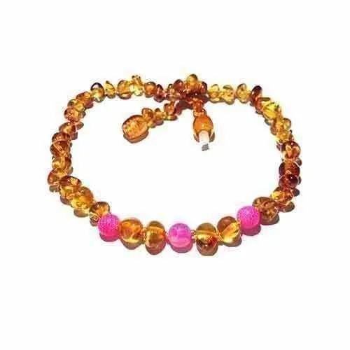 Child Honeysuckle Polished Honey Baltic Amber Pink Agate Gemstone Necklace