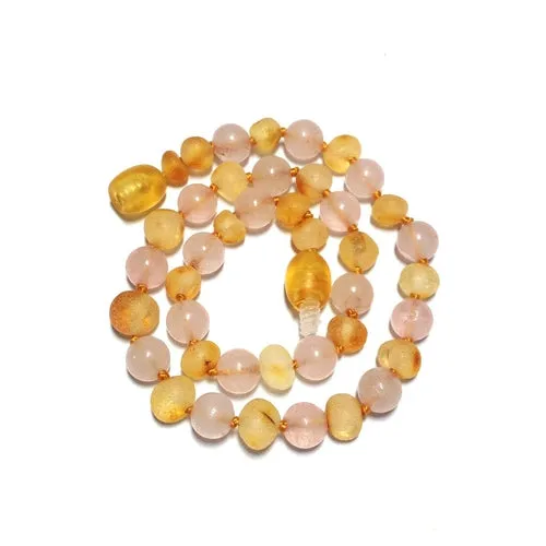 Child Pink Candy Floss Raw Honey Rose Quartz Baltic Amber Necklace