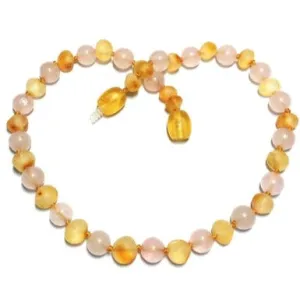 Child Pink Candy Floss Raw Honey Rose Quartz Baltic Amber Necklace