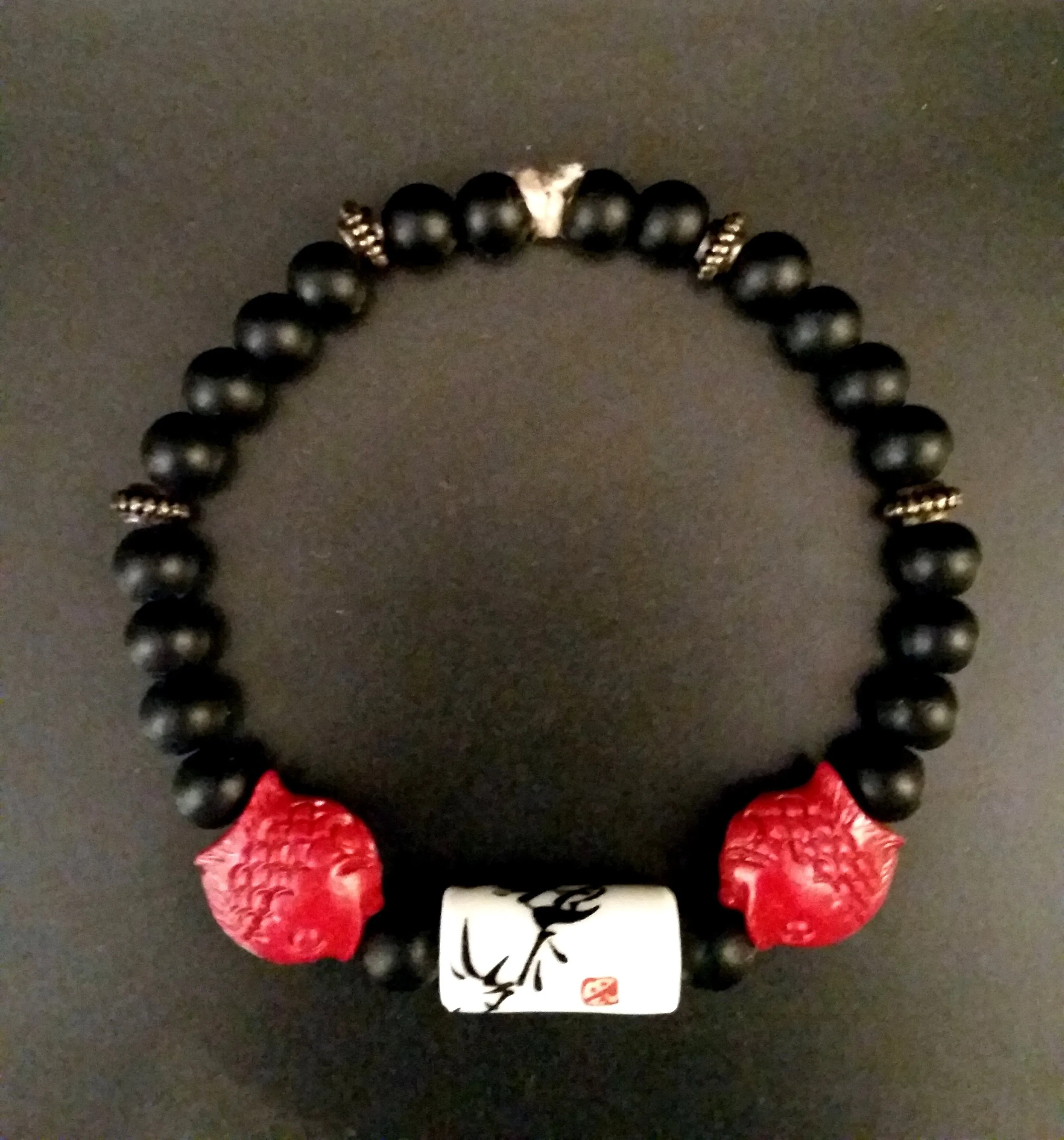 Chinoiserie Bracelet Black Obsidian & Red Cinnabar Retro Asian