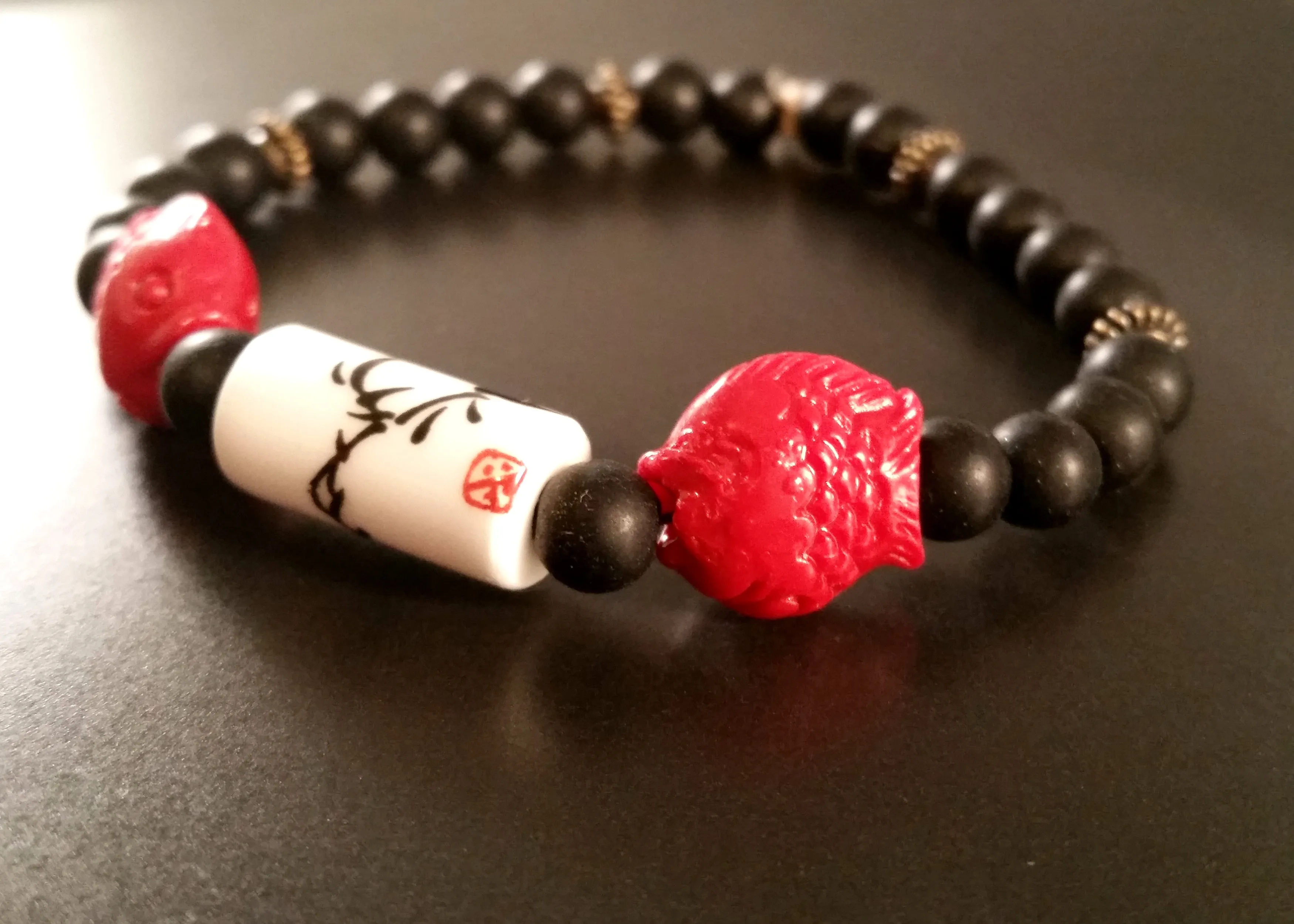 Chinoiserie Bracelet Black Obsidian & Red Cinnabar Retro Asian