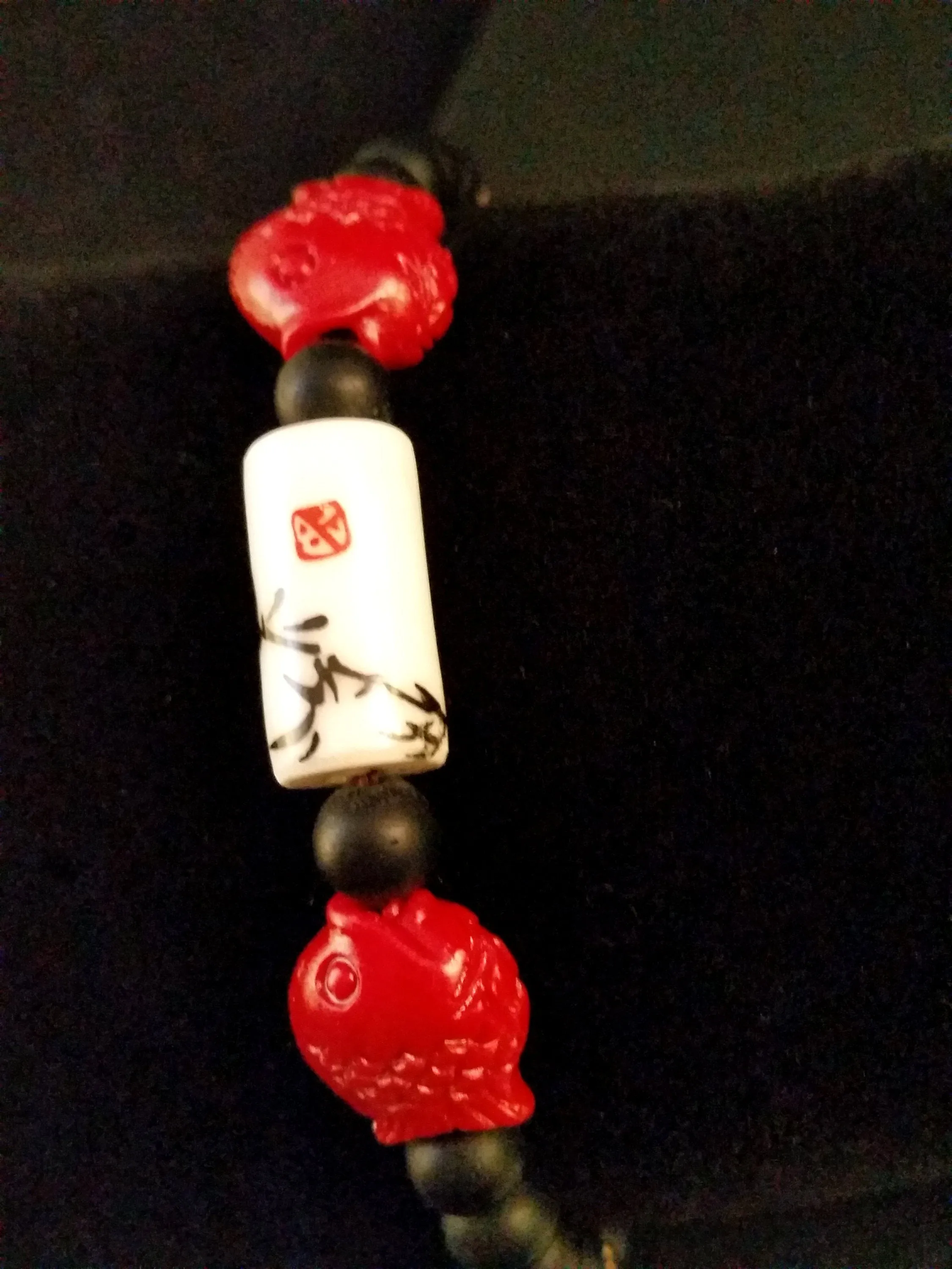 Chinoiserie Bracelet Black Obsidian & Red Cinnabar Retro Asian