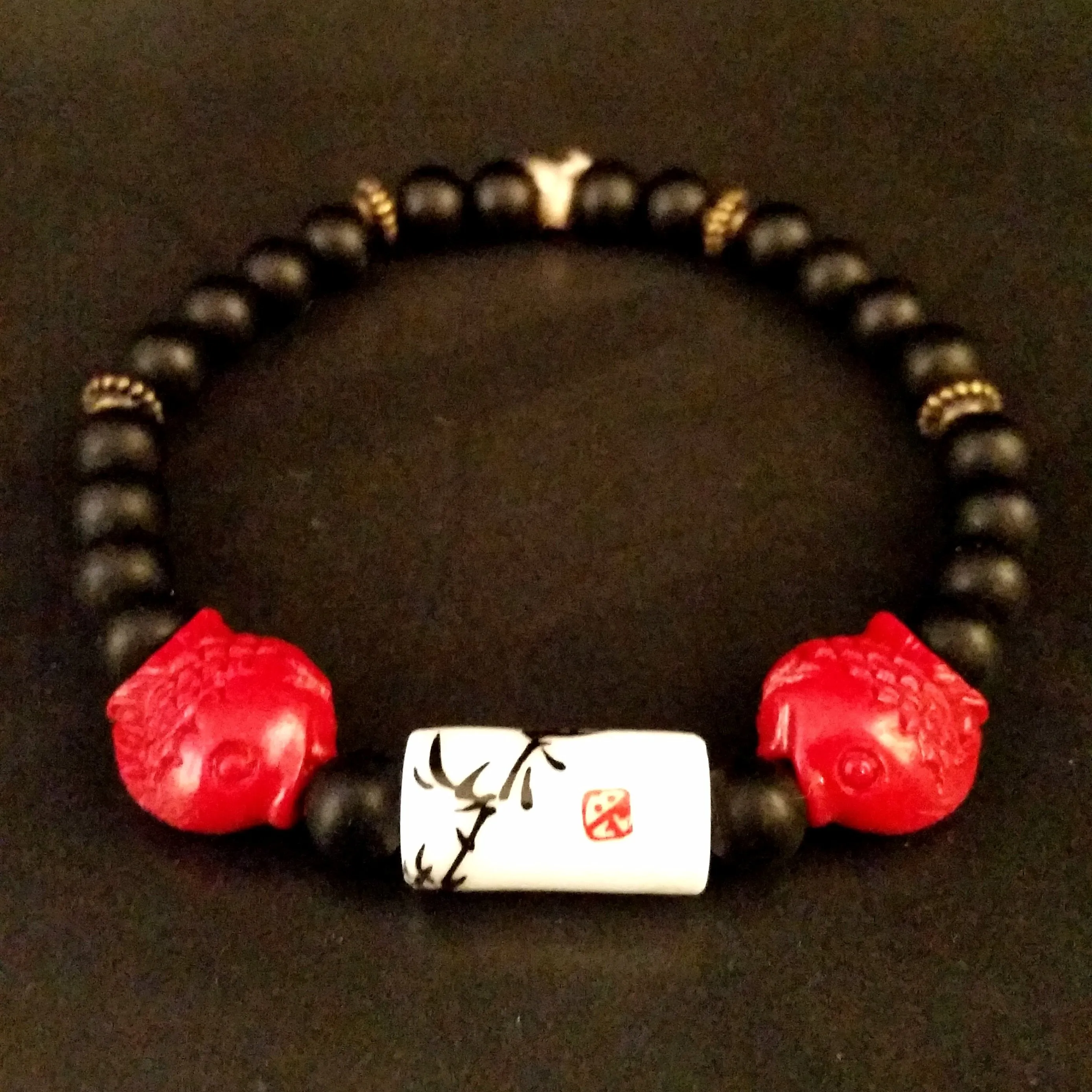 Chinoiserie Bracelet Black Obsidian & Red Cinnabar Retro Asian