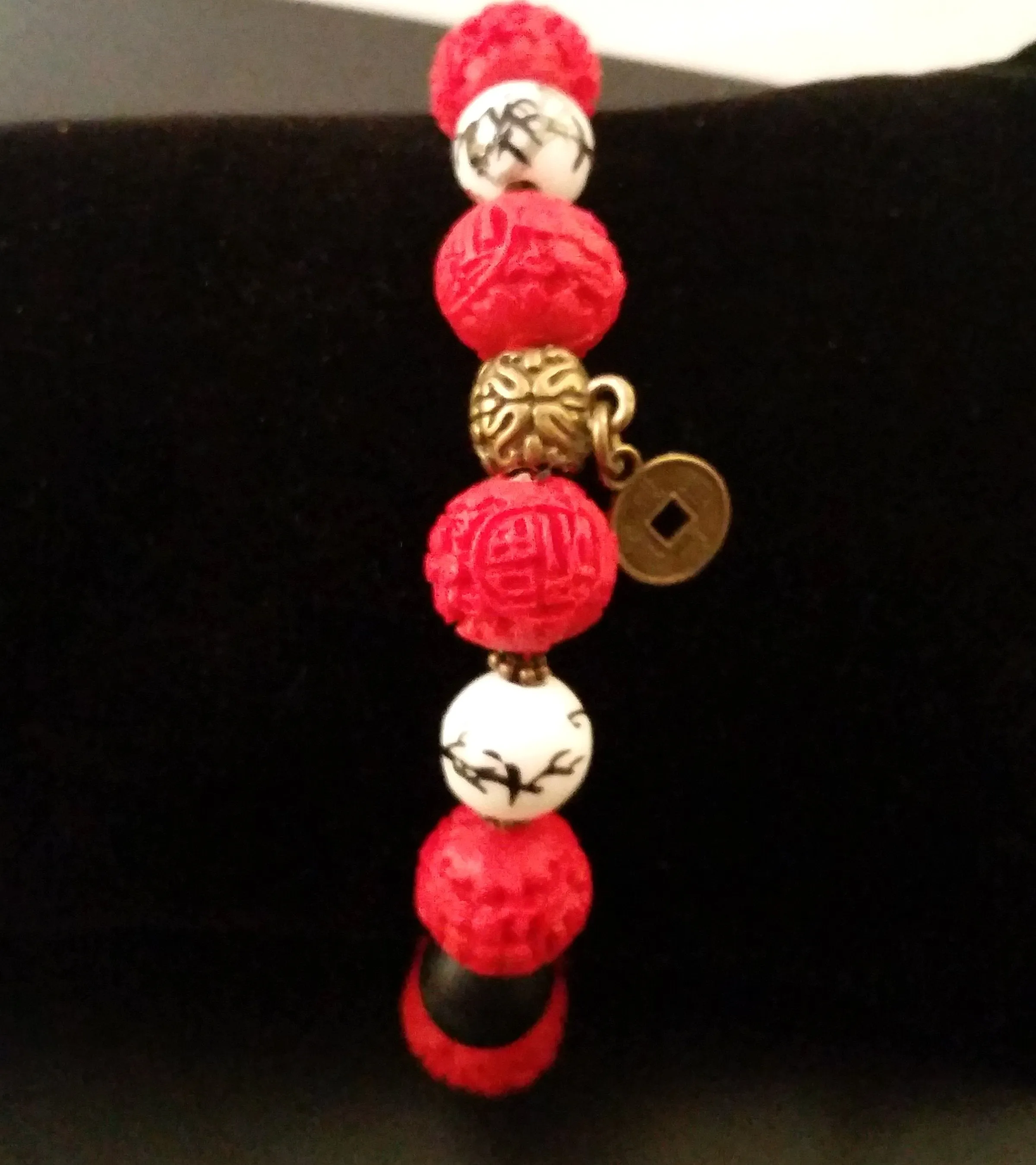 Chinoiserie Bracelet Red Carved Cinnabar Bronze Coin Stretch Accent Stack