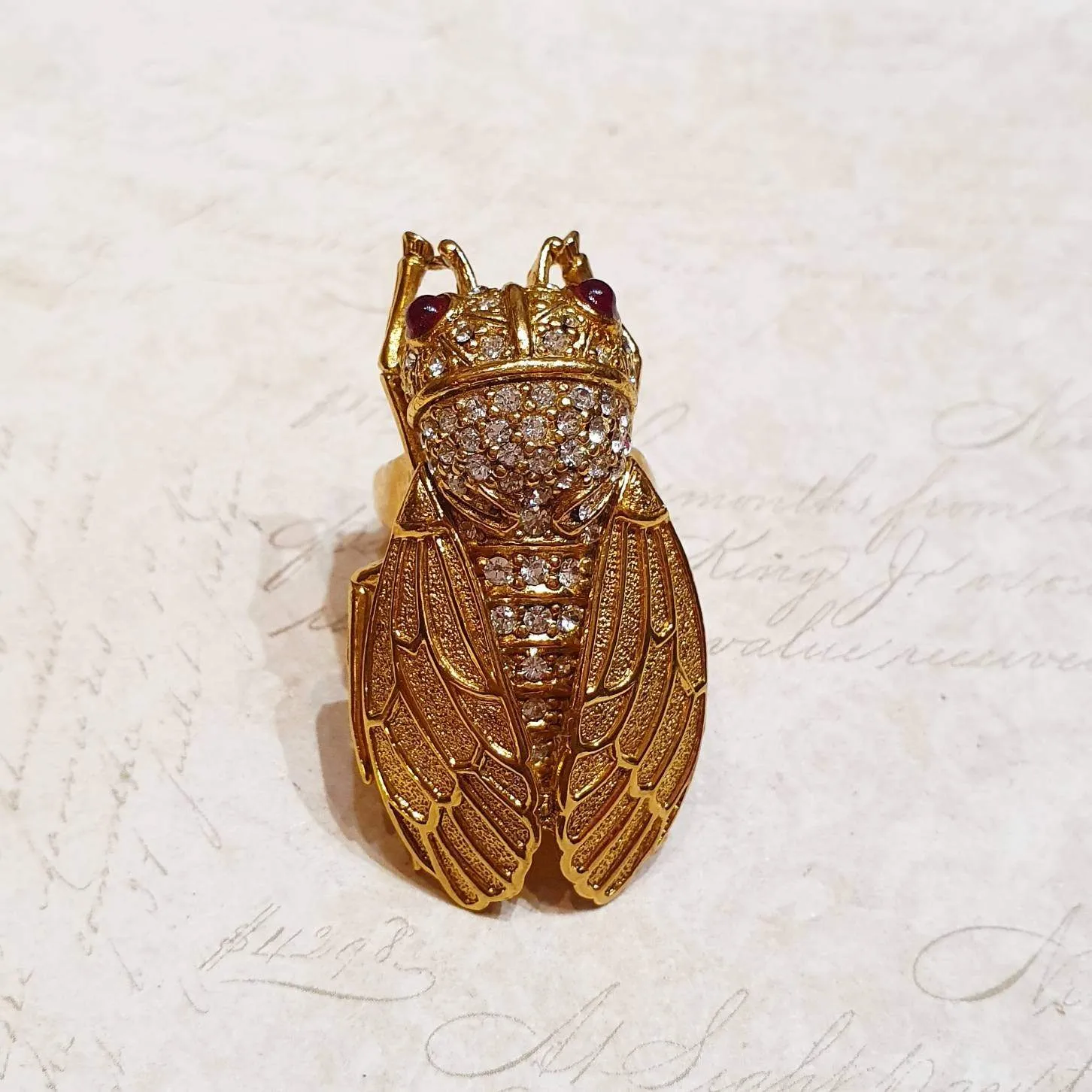 Ciner Cicada Ring Gold Crystal Statment Bug Fly