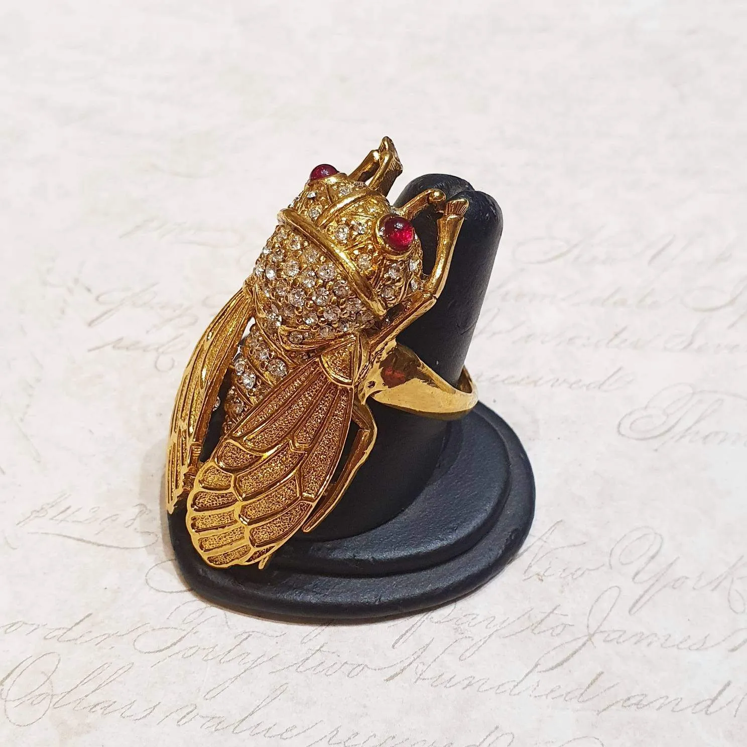 Ciner Cicada Ring Gold Crystal Statment Bug Fly