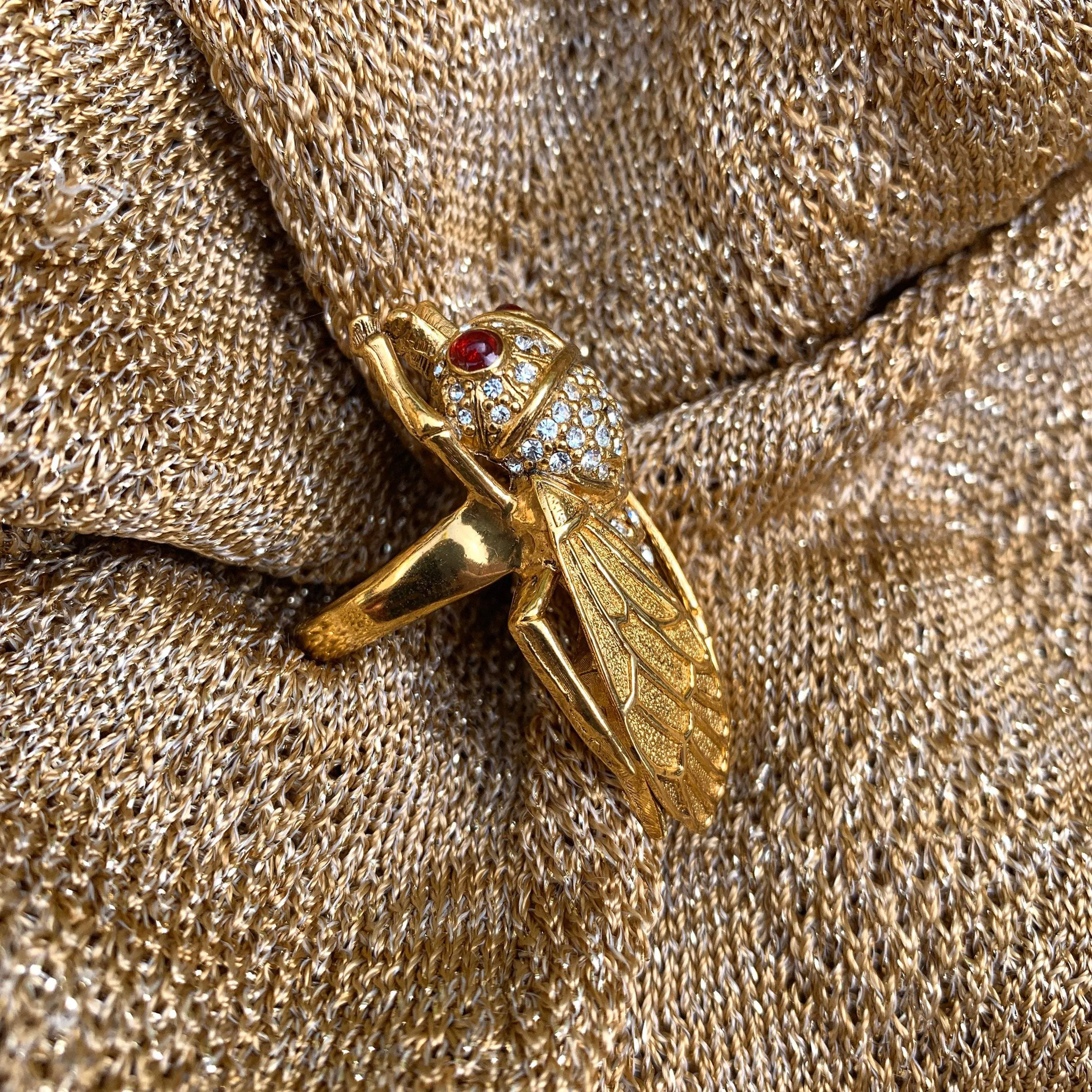 Ciner Cicada Ring Gold Crystal Statment Bug Fly