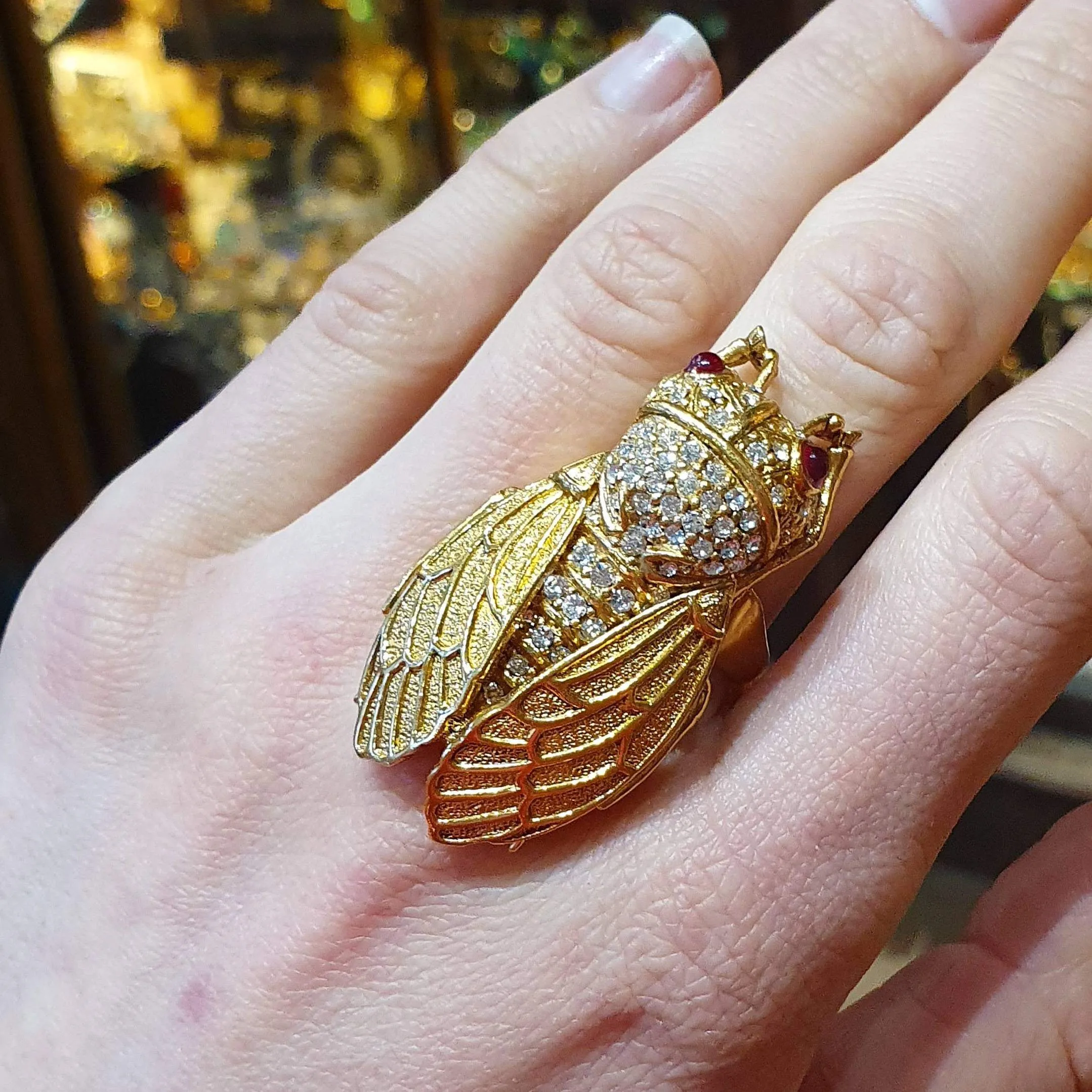 Ciner Cicada Ring Gold Crystal Statment Bug Fly