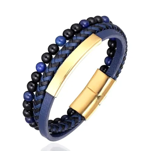 Classy Men Blue 3-Layer Beaded Leather Bracelet | 3 Styles