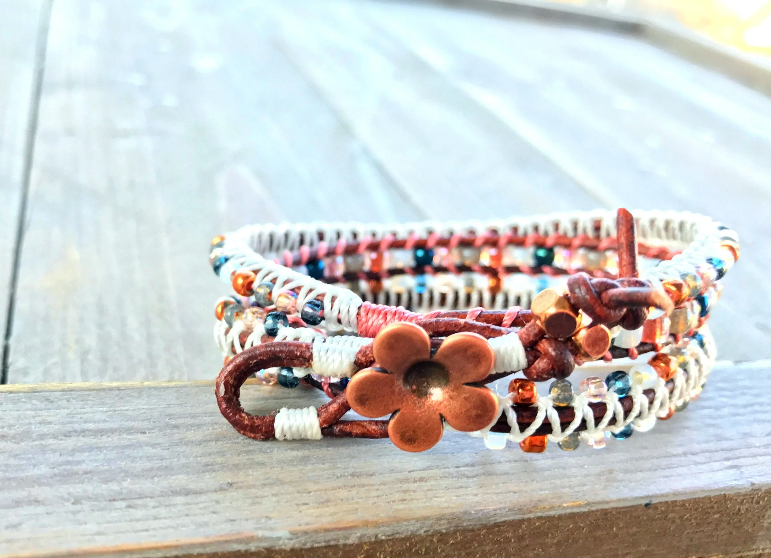 Copper Blush and Navy 3x macrame Leather Wrap Bracelet