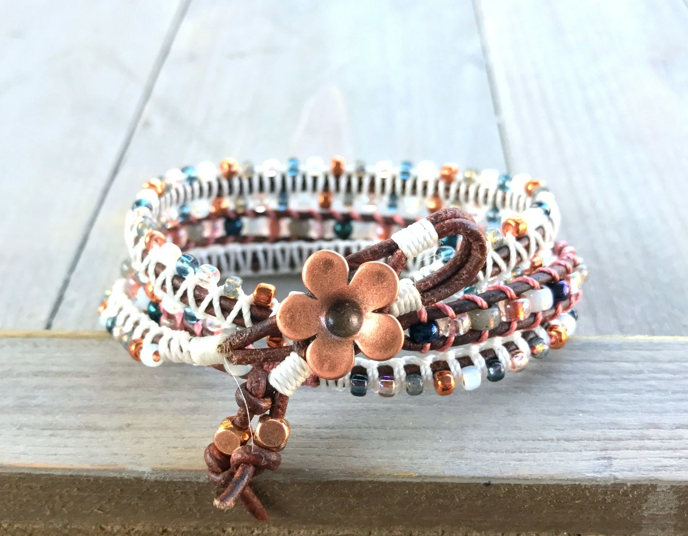 Copper Blush and Navy 3x macrame Leather Wrap Bracelet