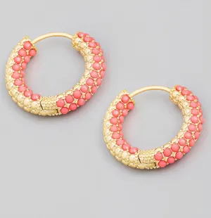 Coral Pave Chunky Huggie Hoops Earrings