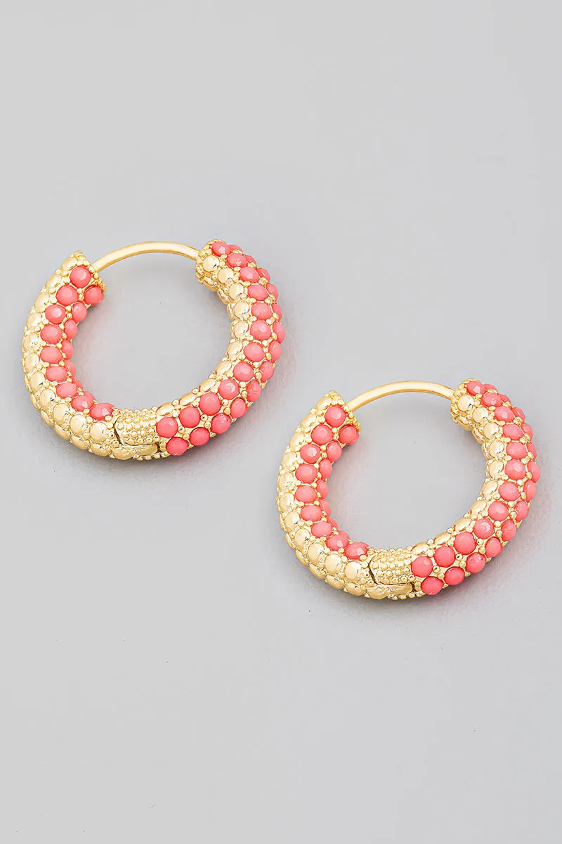 Coral Pave Chunky Huggie Hoops Earrings