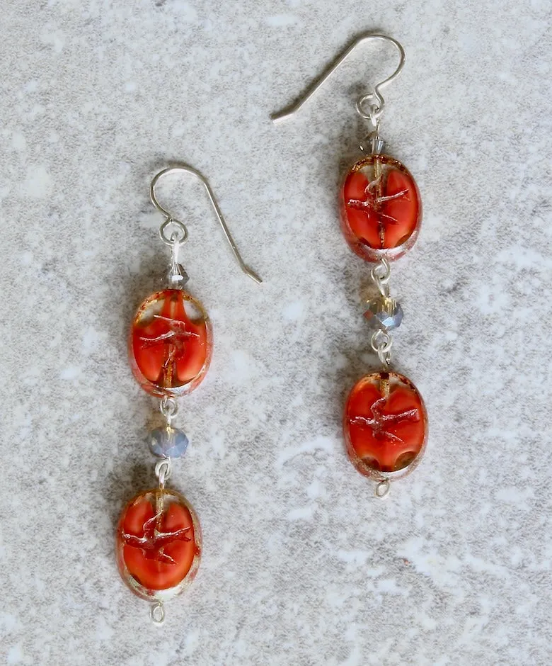 Coral-Splashed Czech Glass Bird Print Earrings with Fire Polished Glass and Sterling Silver