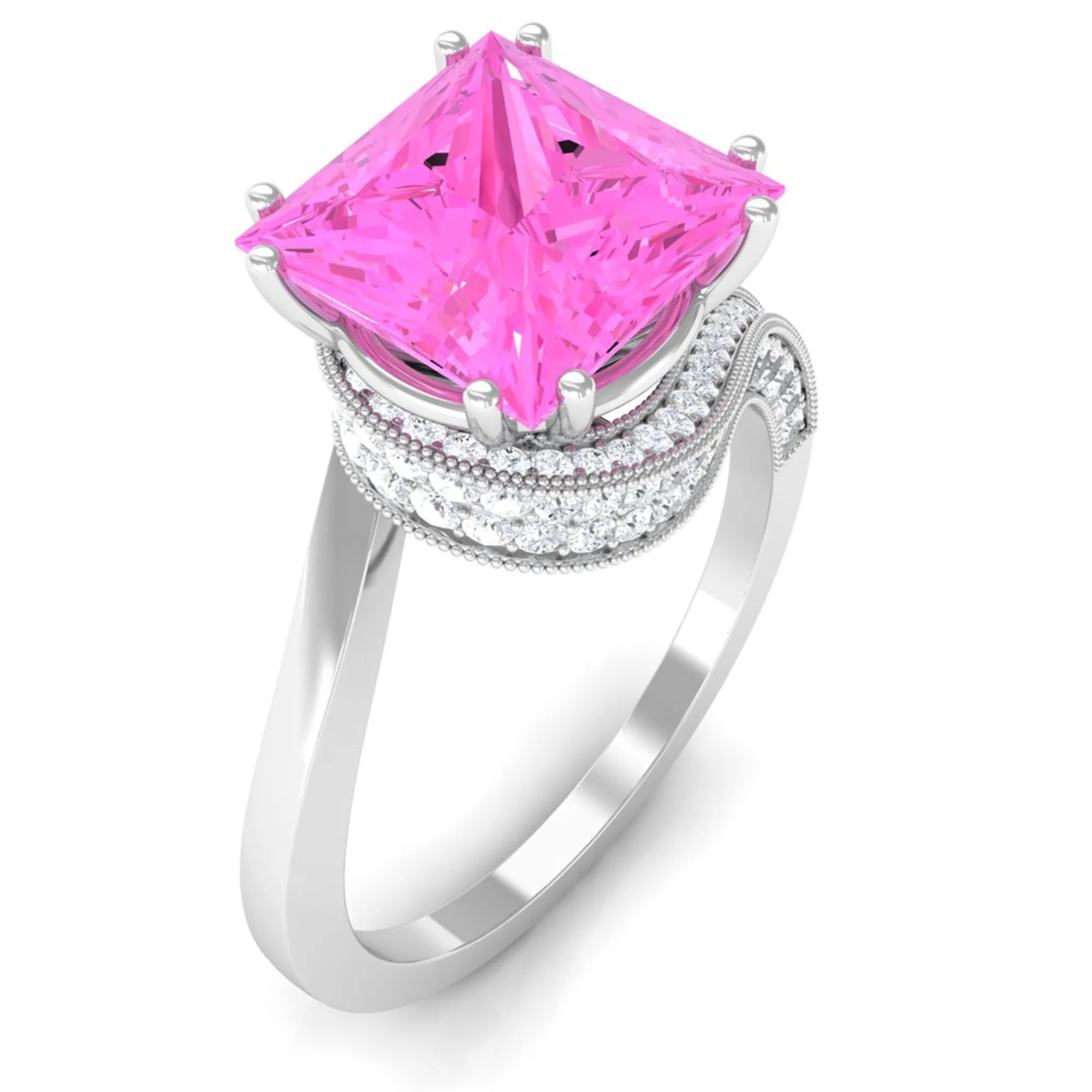 Created Pink Sapphire Solitaire Bypass Engagement Ring with Diamond