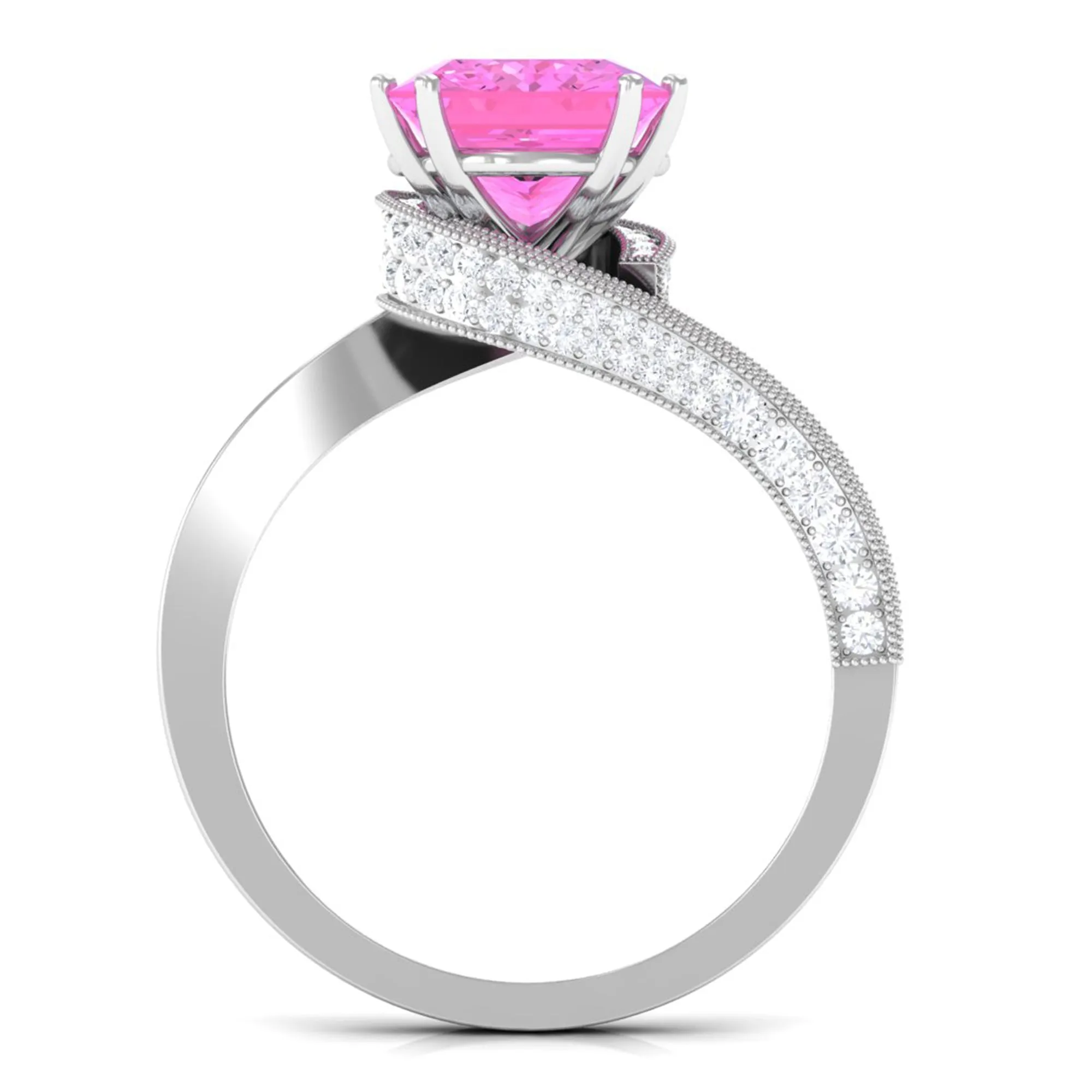 Created Pink Sapphire Solitaire Bypass Engagement Ring with Diamond