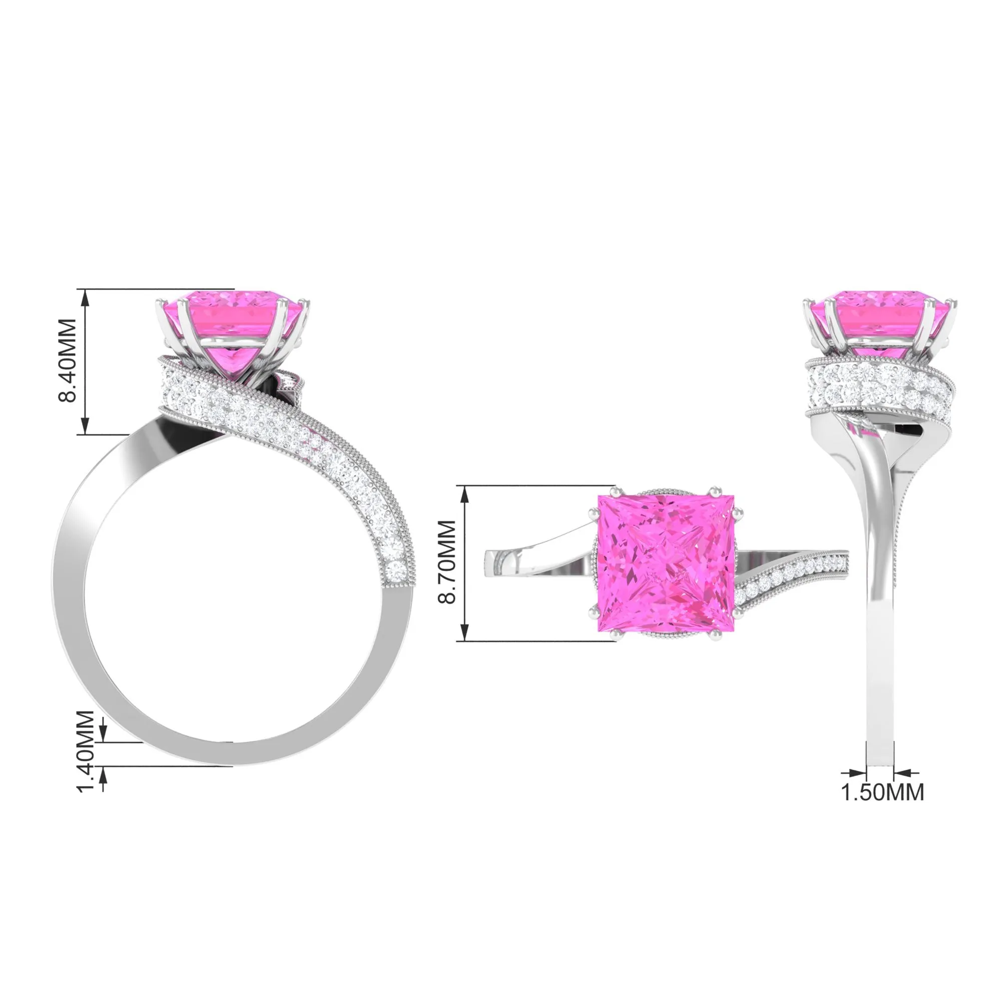 Created Pink Sapphire Solitaire Bypass Engagement Ring with Diamond