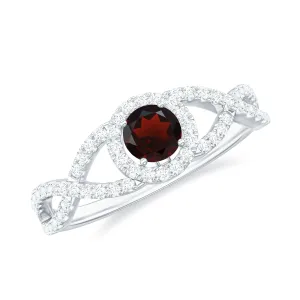 Criss Cross Shank Garnet and Diamond Halo Engagement Ring