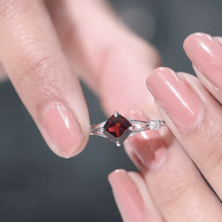 Cushion Cut Garnet Solitaire Split Shank Ring with Diamond