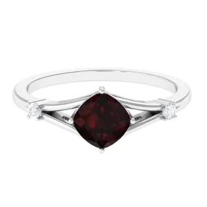 Cushion Cut Garnet Solitaire Split Shank Ring with Diamond