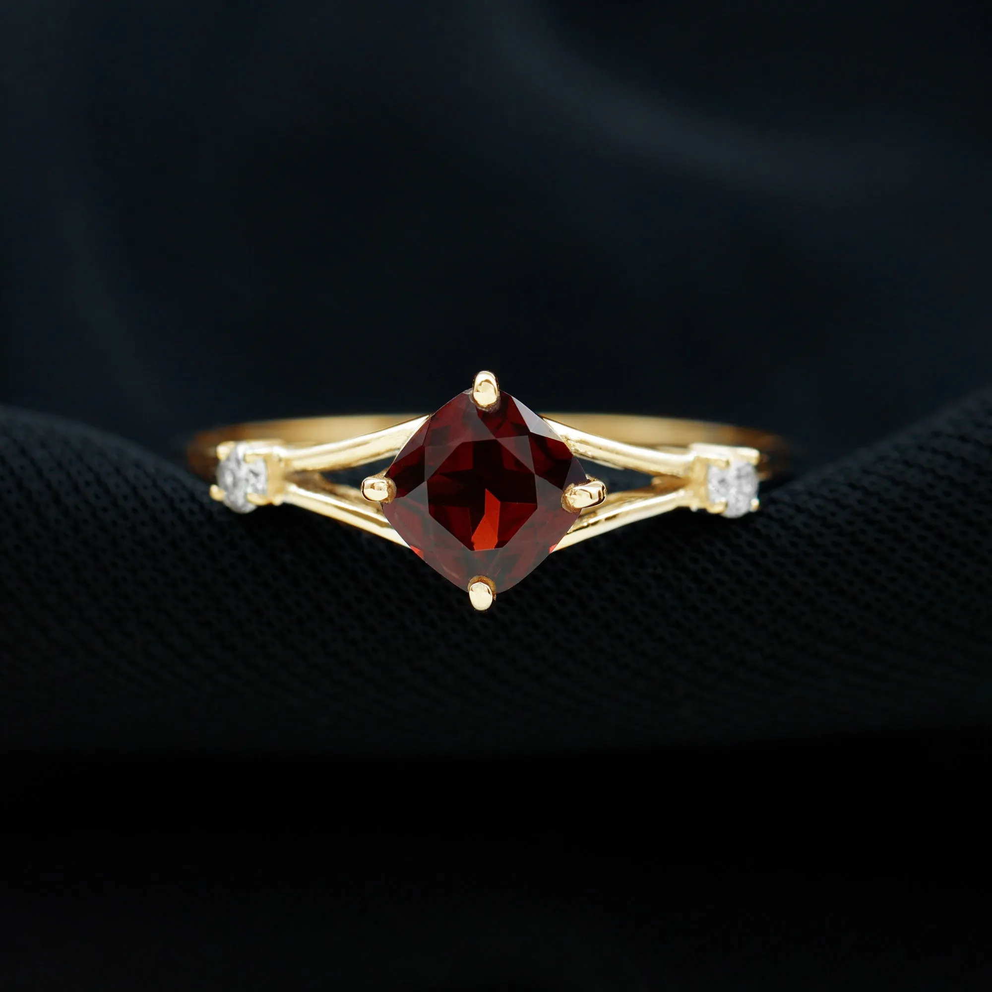 Cushion Cut Garnet Solitaire Split Shank Ring with Diamond