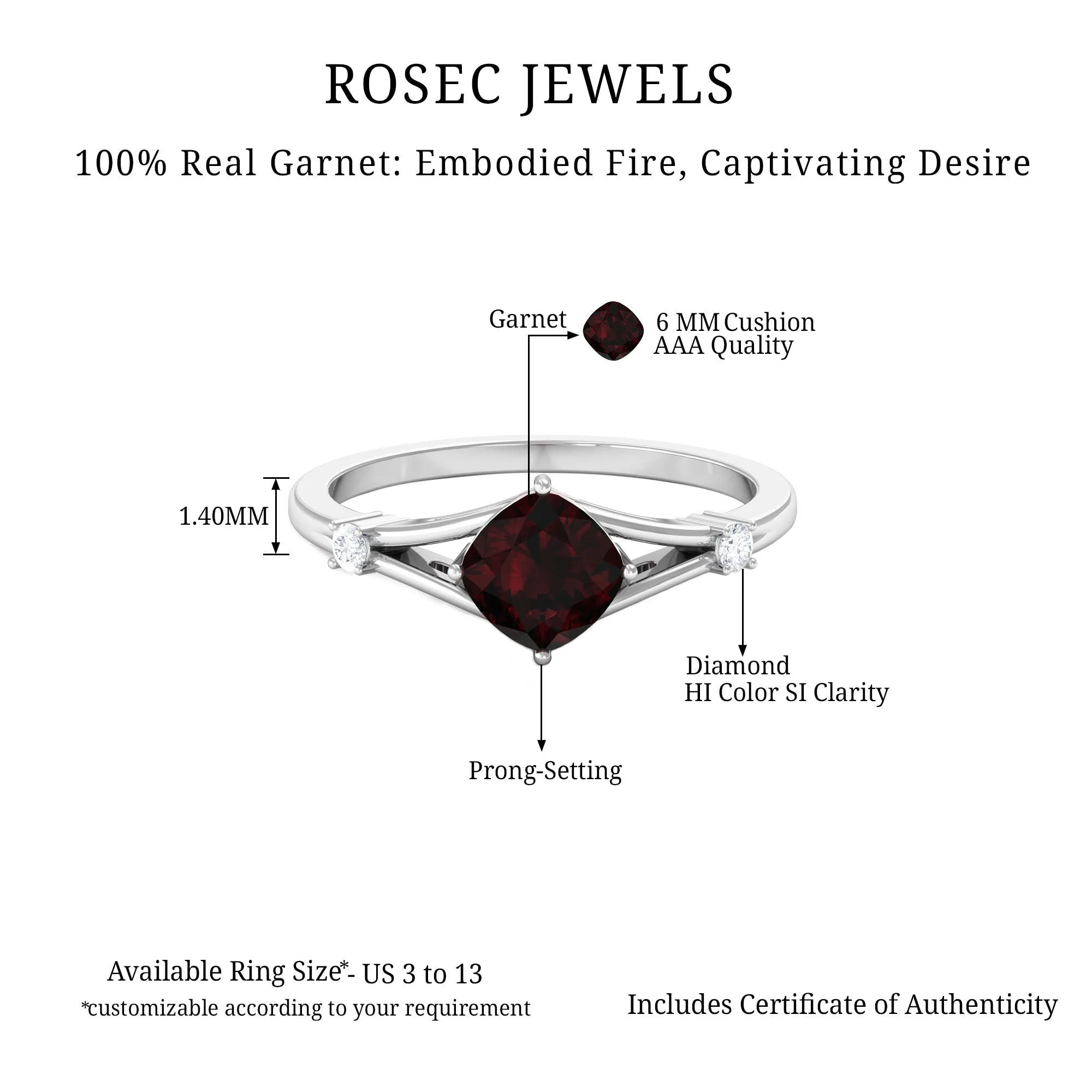 Cushion Cut Garnet Solitaire Split Shank Ring with Diamond