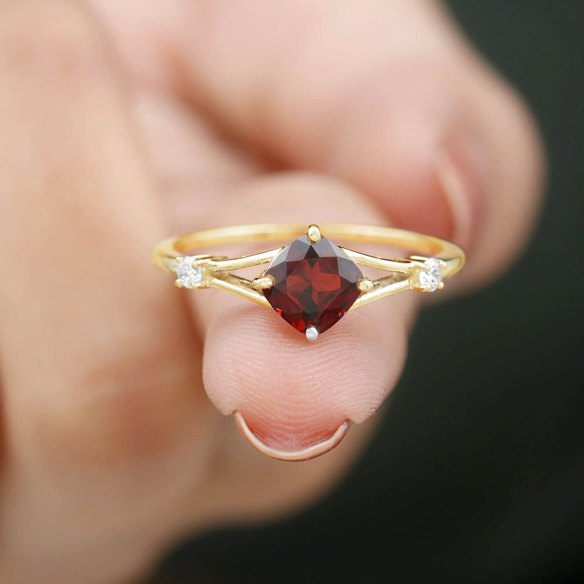 Cushion Cut Garnet Solitaire Split Shank Ring with Diamond