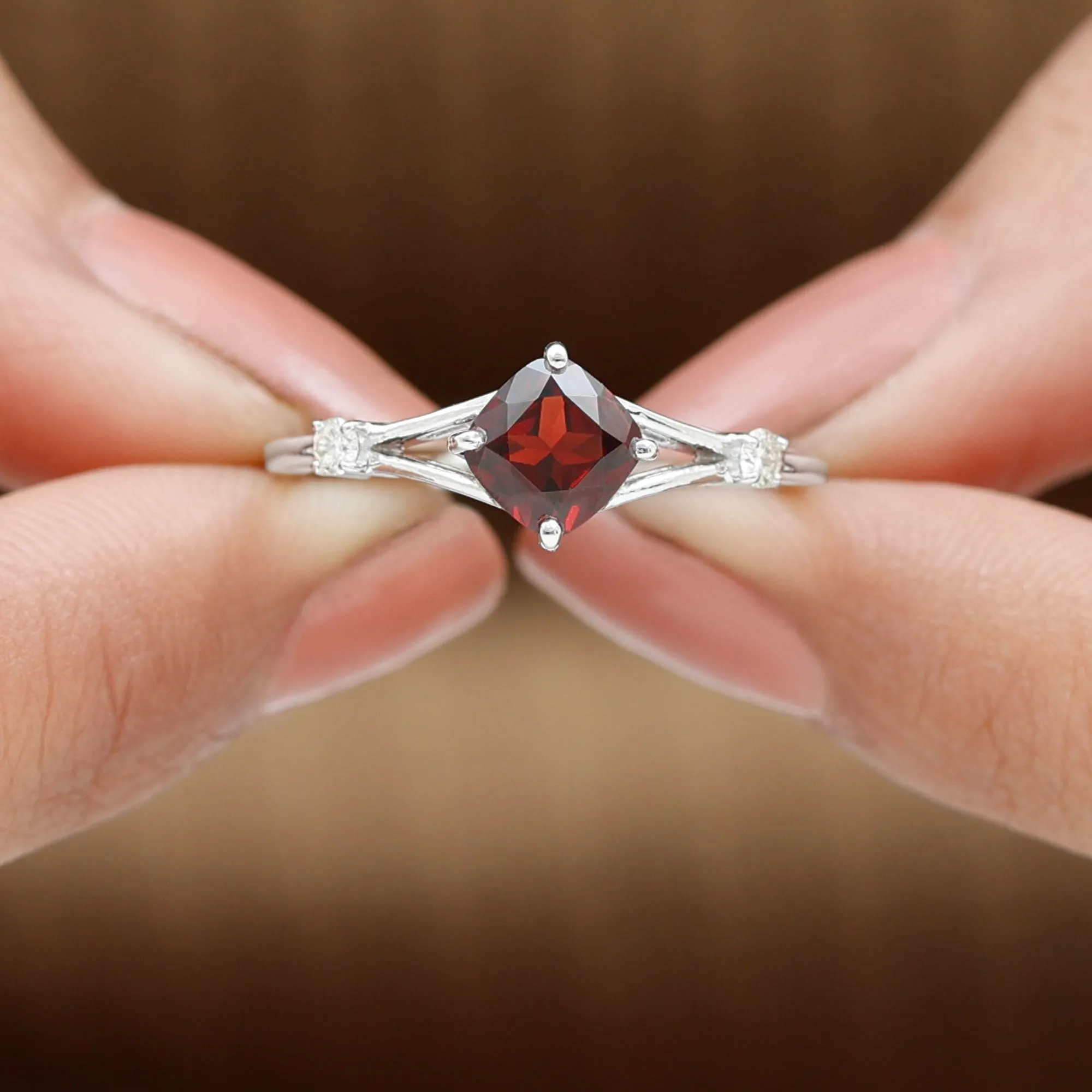 Cushion Cut Garnet Solitaire Split Shank Ring with Diamond