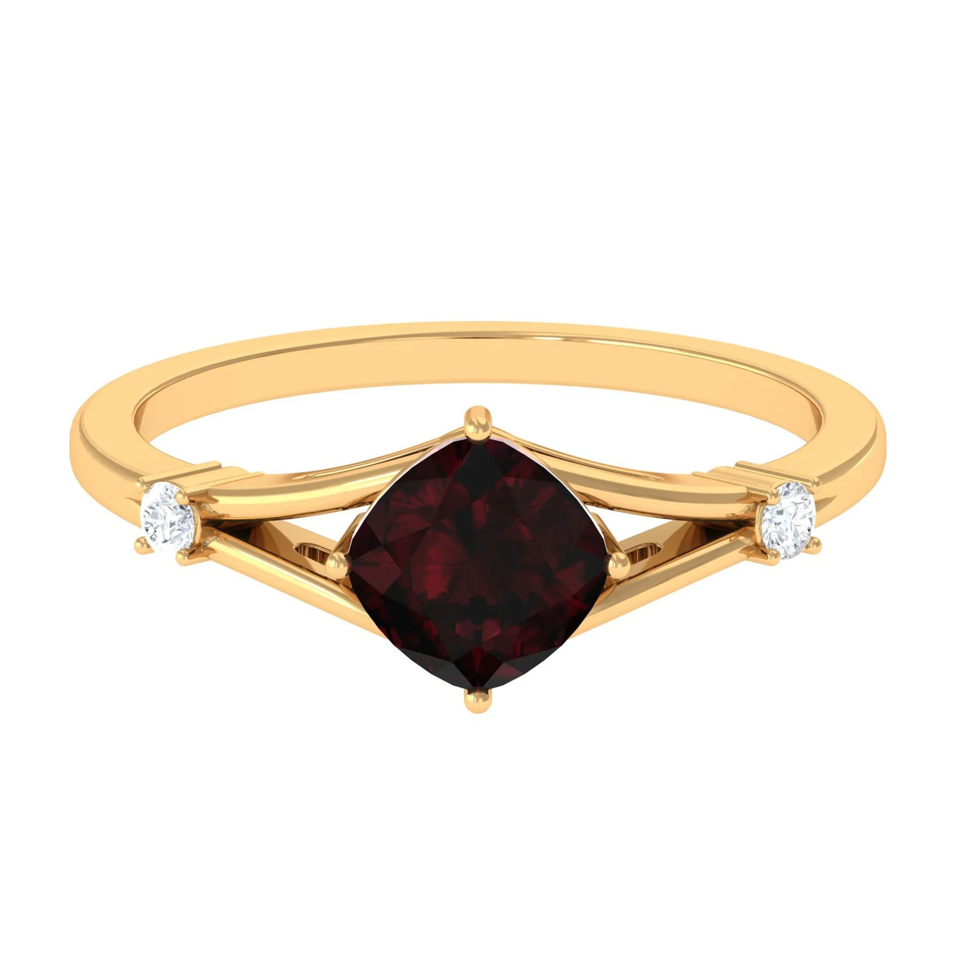 Cushion Cut Garnet Solitaire Split Shank Ring with Diamond