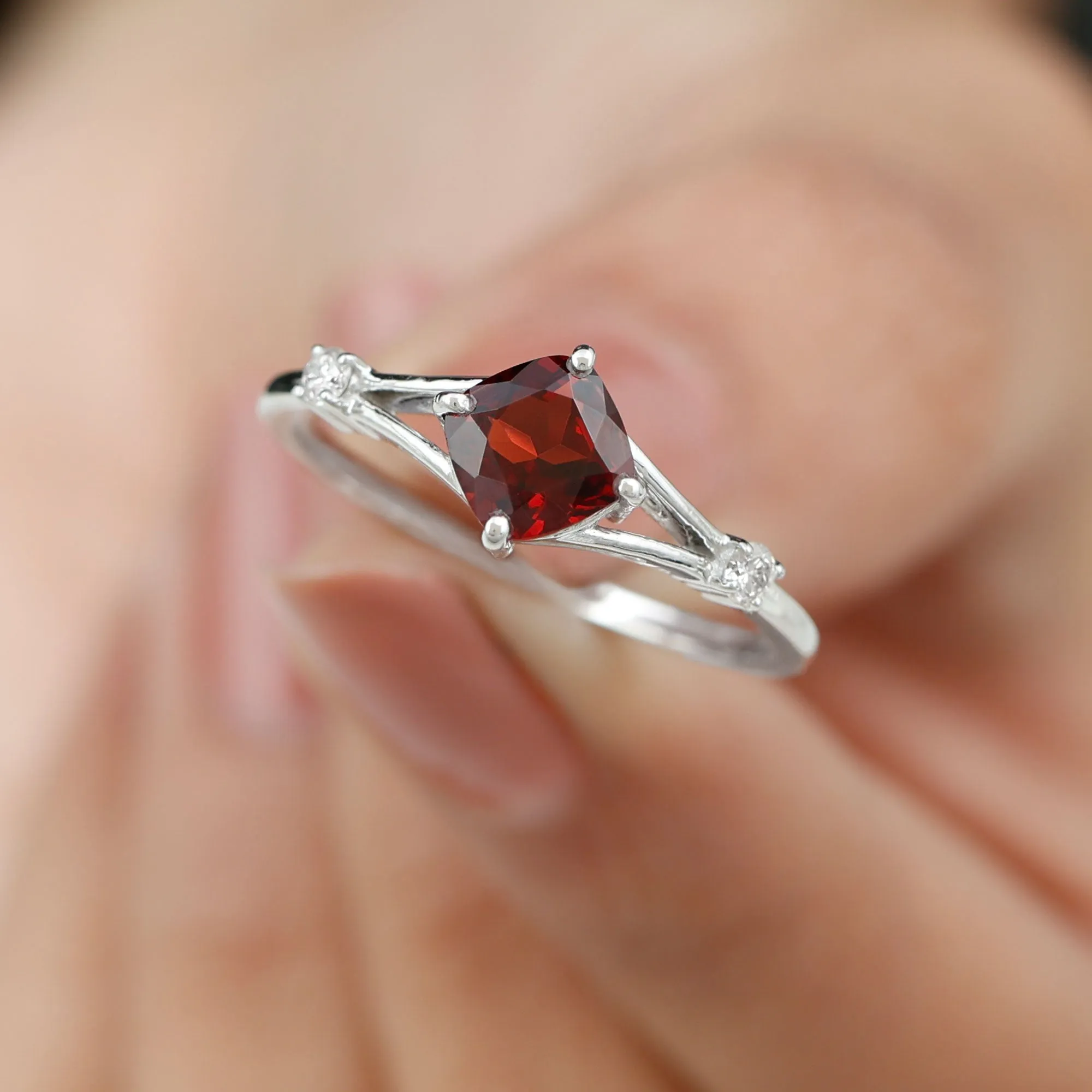 Cushion Cut Garnet Solitaire Split Shank Ring with Diamond