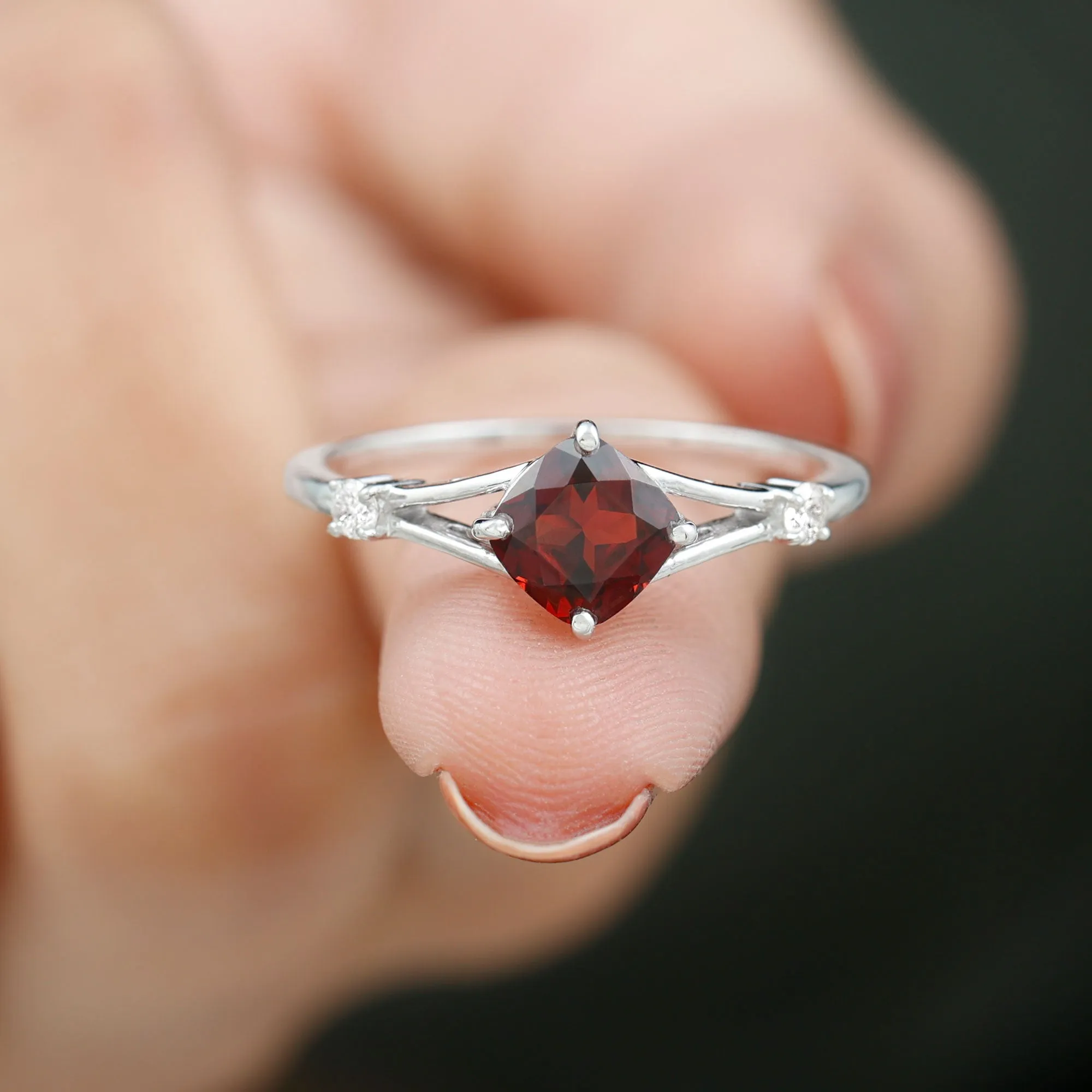 Cushion Cut Garnet Solitaire Split Shank Ring with Diamond