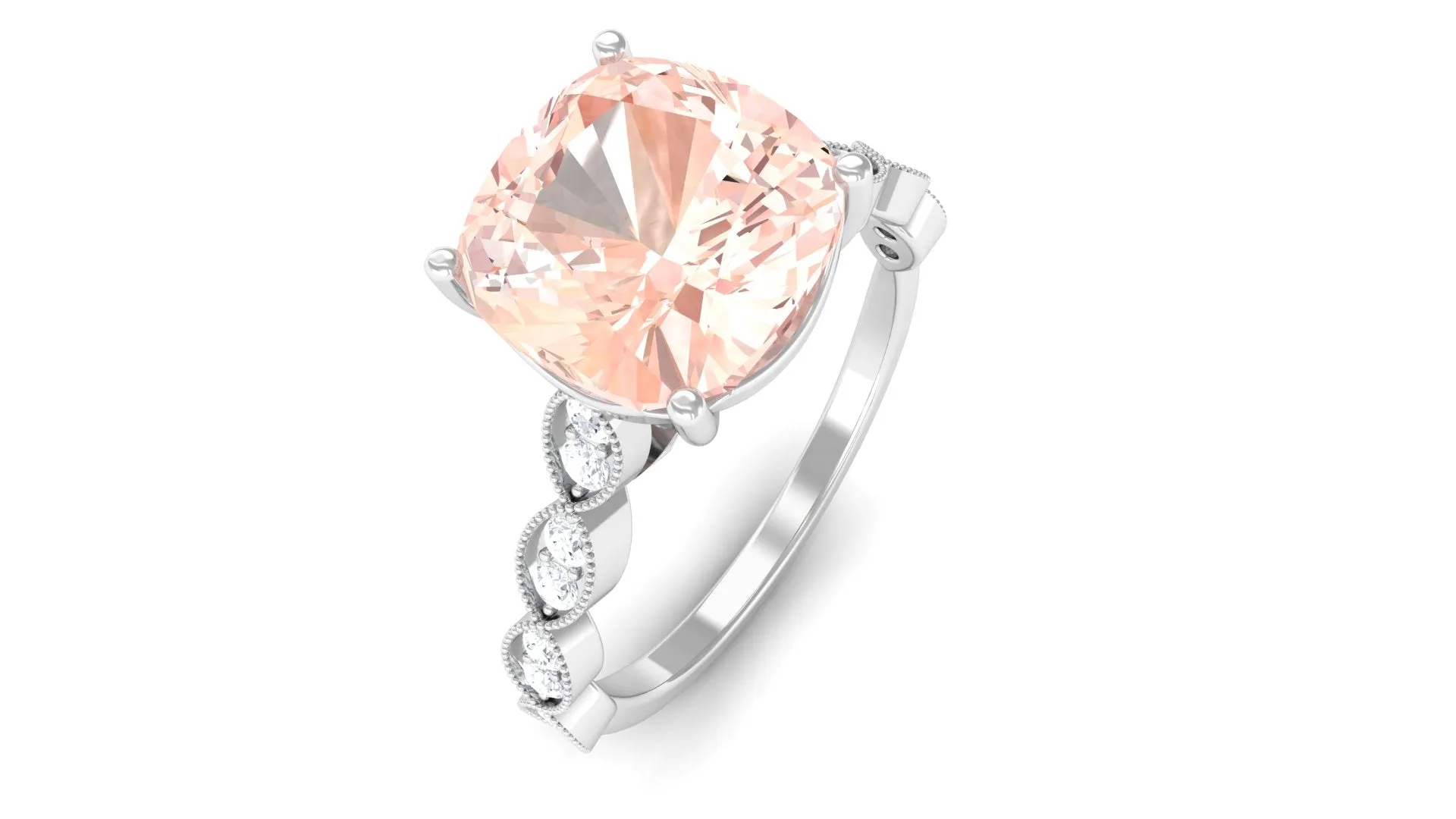 Cushion Cut Morganite Engagement Ring with Moissanite and Gold Milgrain