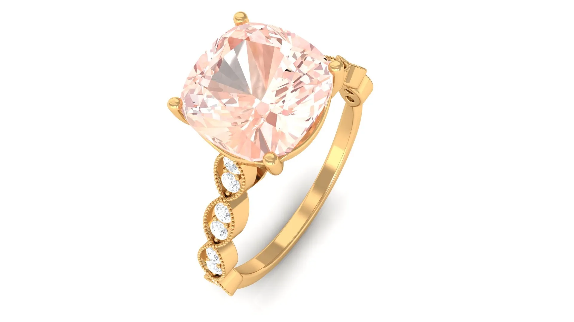 Cushion Cut Morganite Engagement Ring with Moissanite and Gold Milgrain