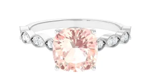 Cushion Cut Morganite Engagement Ring with Moissanite and Gold Milgrain