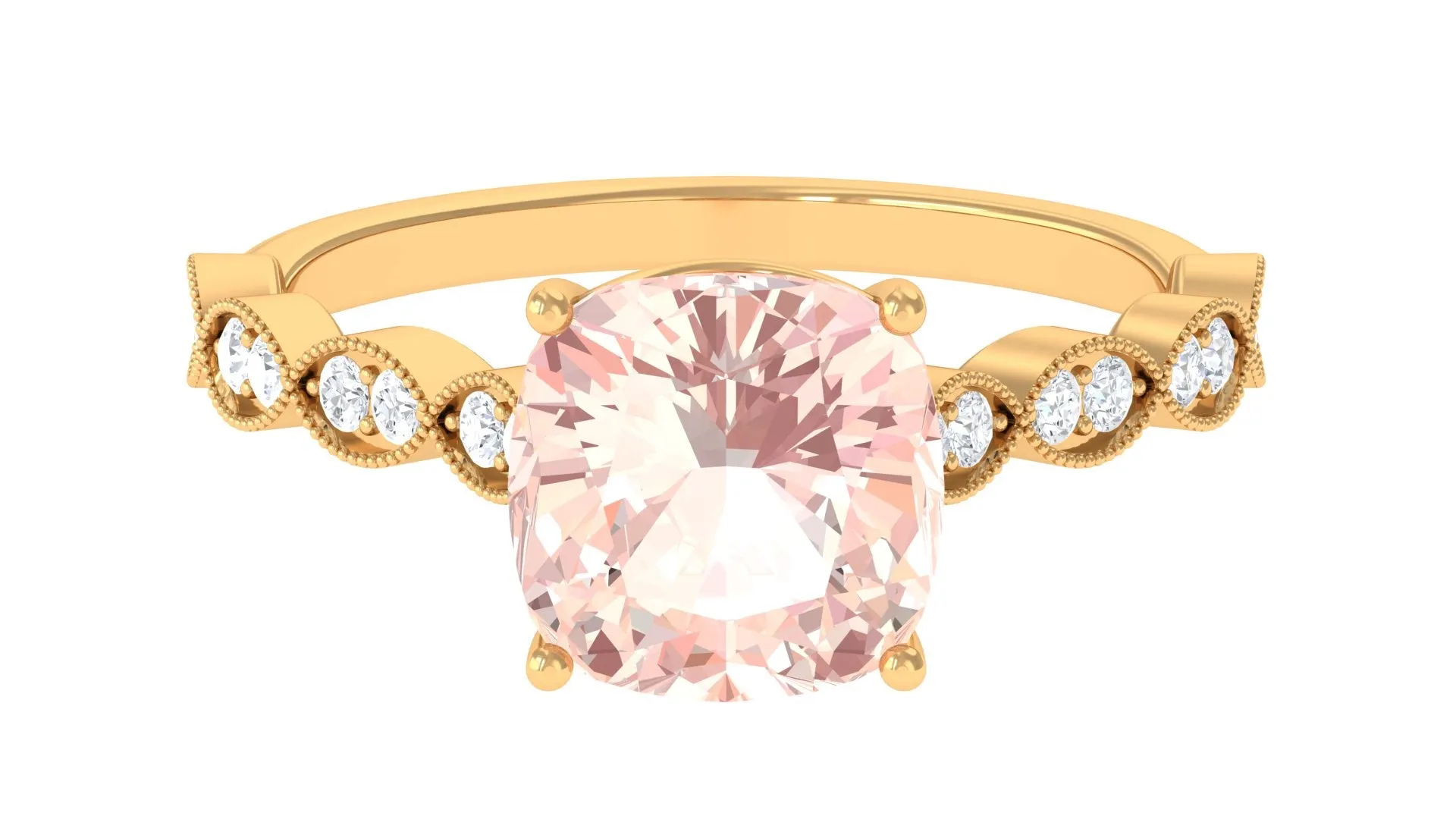 Cushion Cut Morganite Engagement Ring with Moissanite and Gold Milgrain