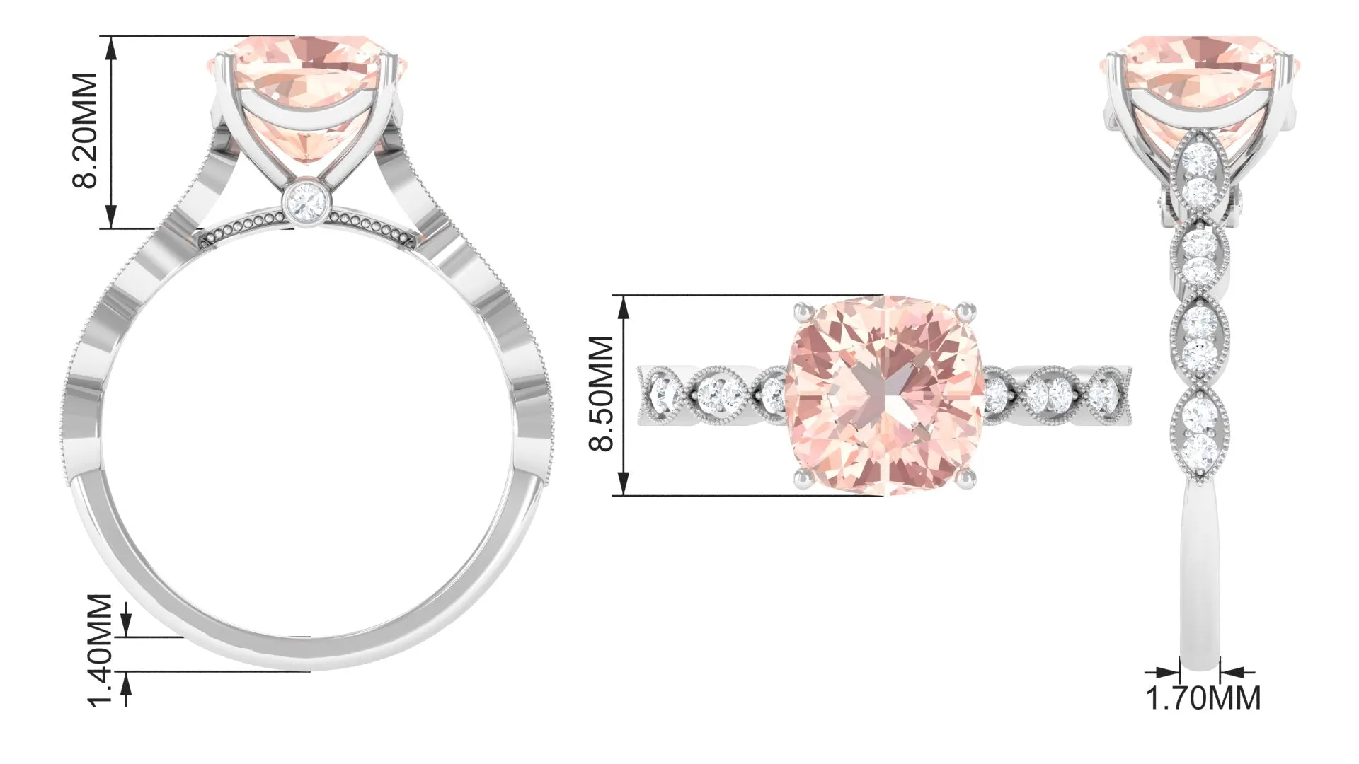 Cushion Cut Morganite Engagement Ring with Moissanite and Gold Milgrain