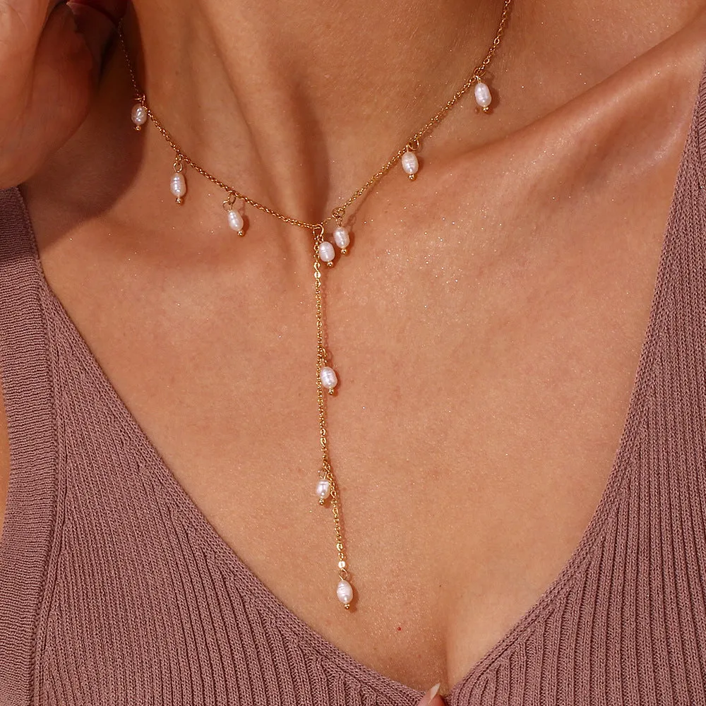 Dainty Freshwater Pearl Lariat Necklace - Gold