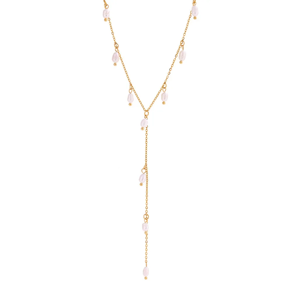 Dainty Freshwater Pearl Lariat Necklace - Gold