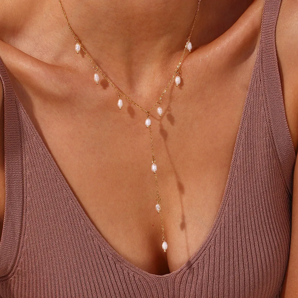 Dainty Freshwater Pearl Lariat Necklace - Gold