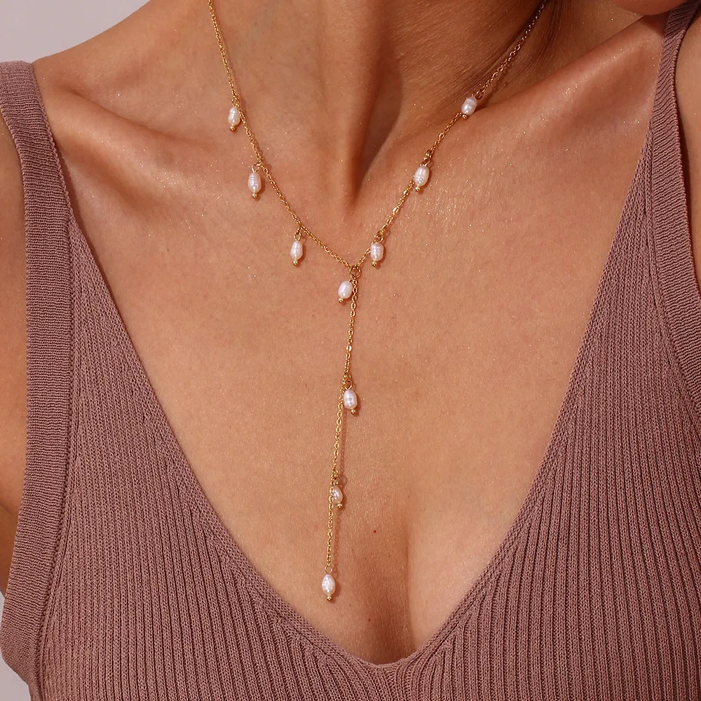 Dainty Freshwater Pearl Lariat Necklace - Gold